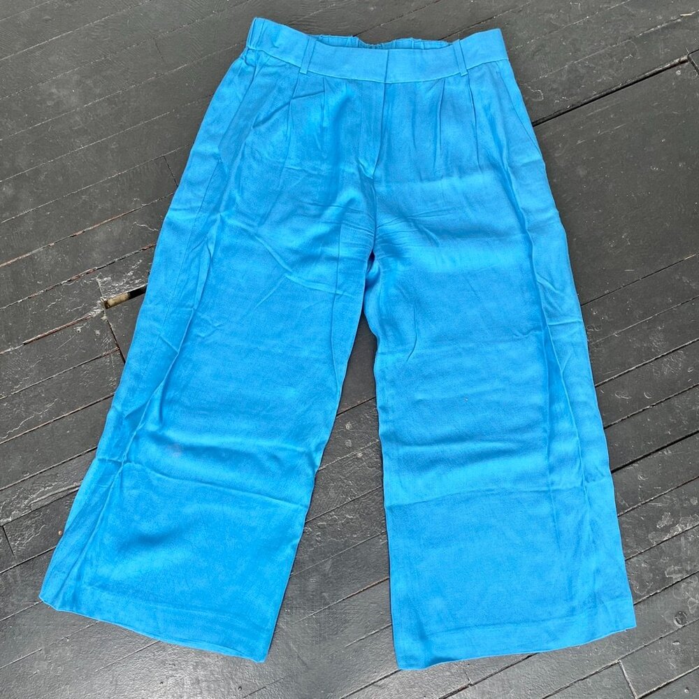 J. Crew Blue Linen Blend Pleated Cropped Pants High Waisted Womens Size 6